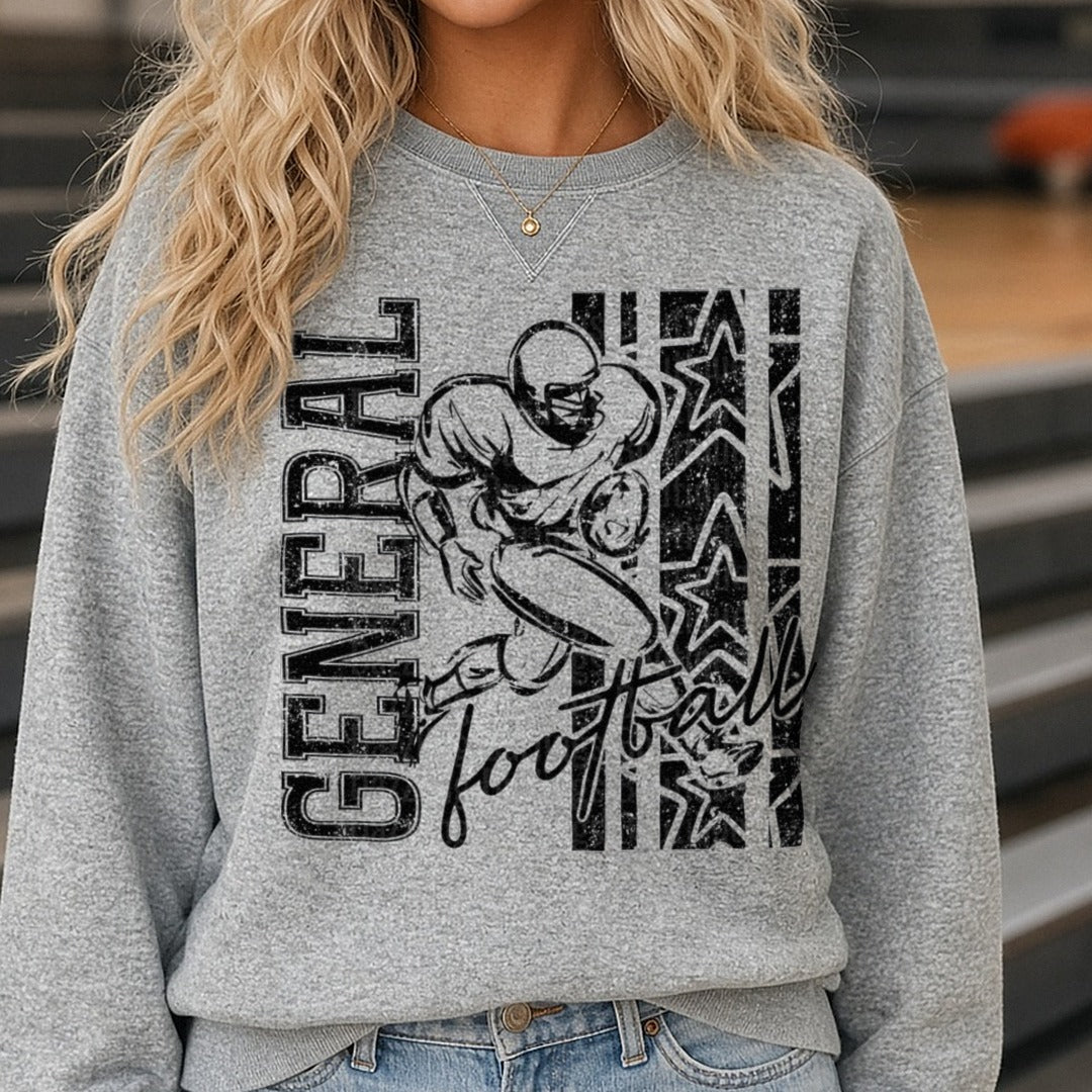 General Football Player Running Back Stars Grunge Design DTF transfer shown on a Comfort Colors sweatshirt