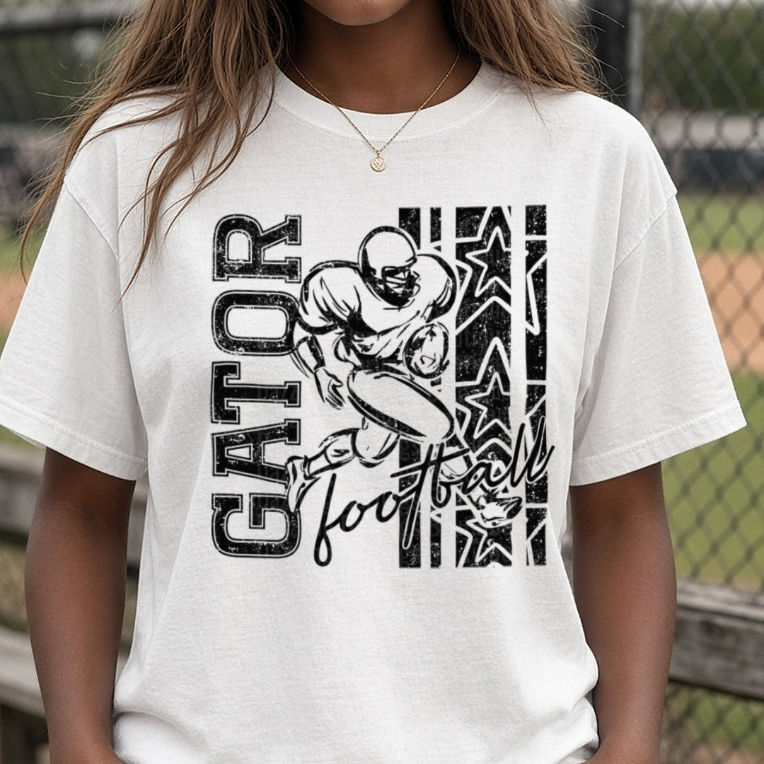 Gator Football Player Running Back Grunge Stars Design DTF transfer shown on a Comfort Colors tee