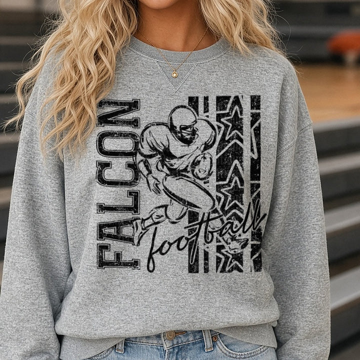 Falcon Football Running Back Grunge Stars Distressed Graphic DTF transfer shown on a Comfort Colors sweatshirt