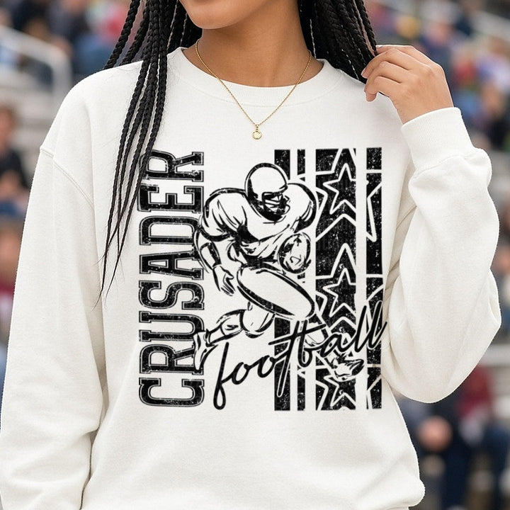 Crusader Football Player Running Back Grunge Stars Design DTF transfer shown on a Comfort Colors sweatshirt