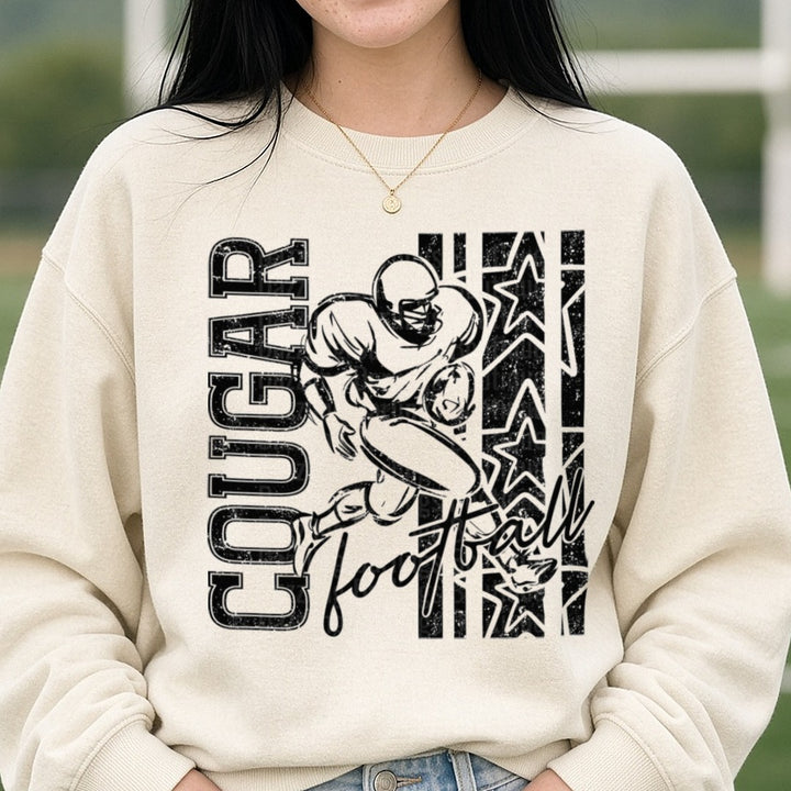 Cougar Football Player Running Back Stars Grunge Design DTF transfer shown on a Comfort Colors sweatshirt