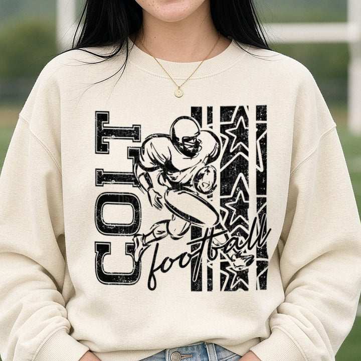 Colt Football Player Running Back Stars Script Text DTF transfer shown on a Comfort Colors sweatshirt