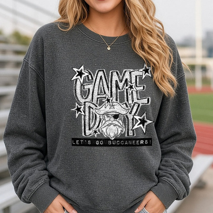 Game Day Let's Go Buccaneers Pirate Stars Black White DTF transfer shown on a Comfort Colors sweatshirt