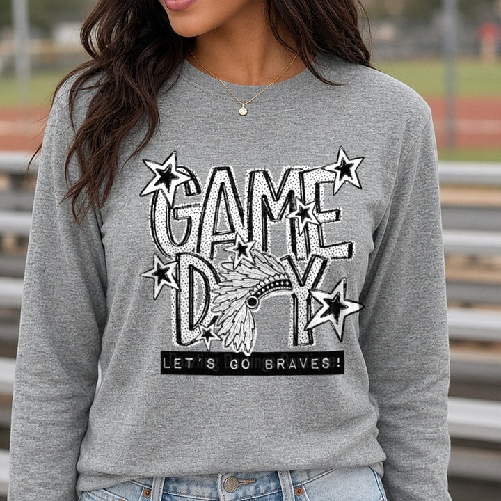 Game Day Let's Go Braves Native Headdress Stars Design DTF transfer shown on a Comfort Colors long sleeve tee
