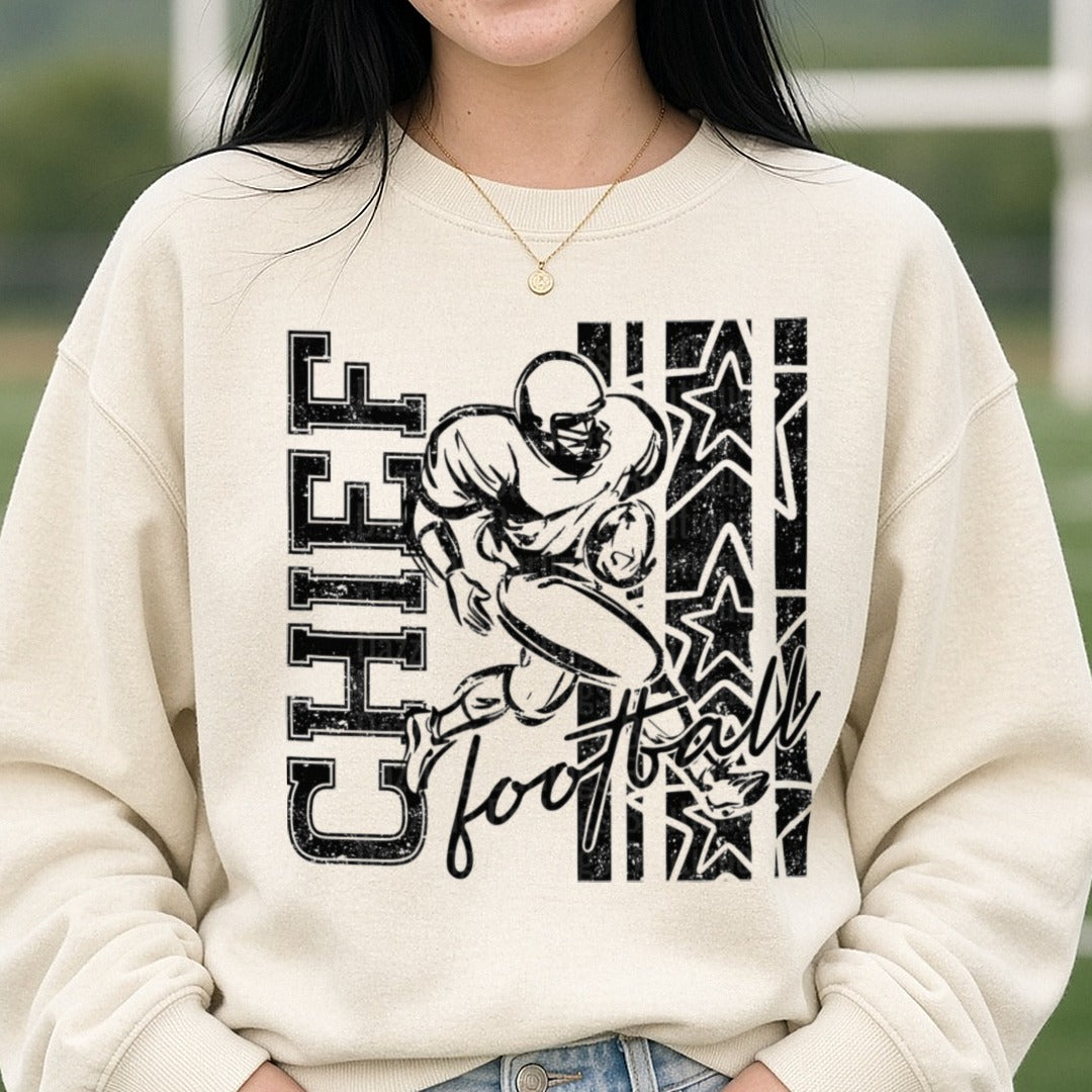 Chiefs Football Grunge Player Running with Stars DTF transfer shown on a Comfort Colors sweatshirt