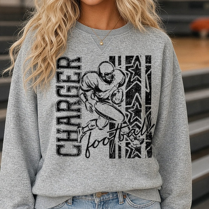 Charger Football Player Running Back Grunge Stars Design DTF transfer shown on a Comfort Colors sweatshirt