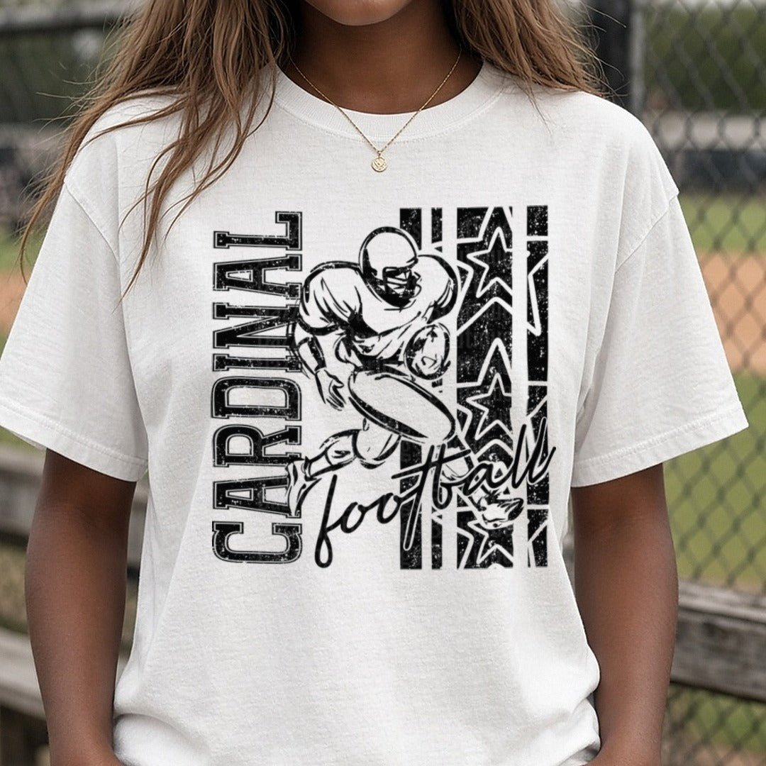 Cardinal Football Player Running Back Stars Grunge Design DTF transfer shown on a Comfort Colors tee