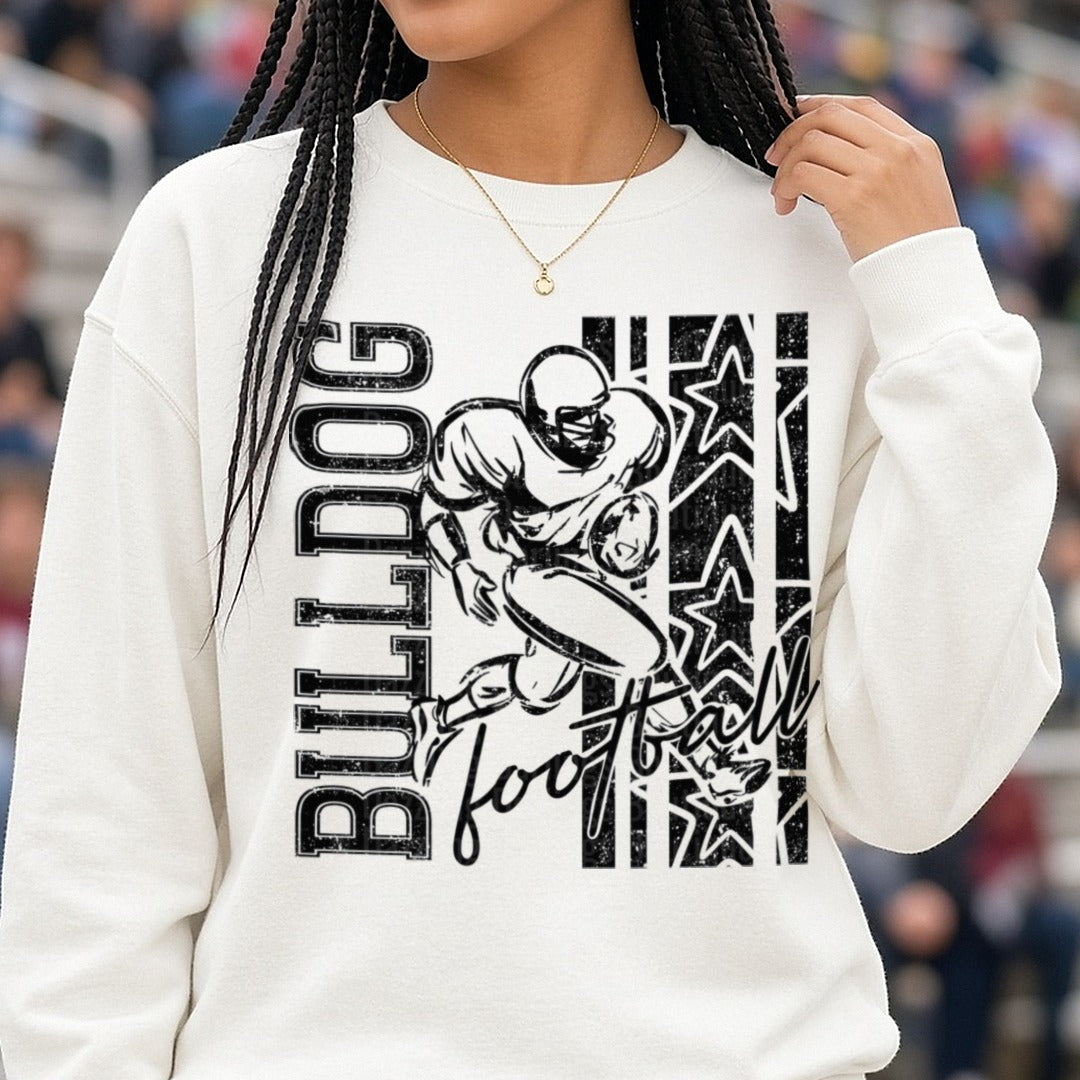 Bulldog Football Player Grunge Stars Vertical Stripe Design DTF transfer shown on a Comfort Colors sweatshirt