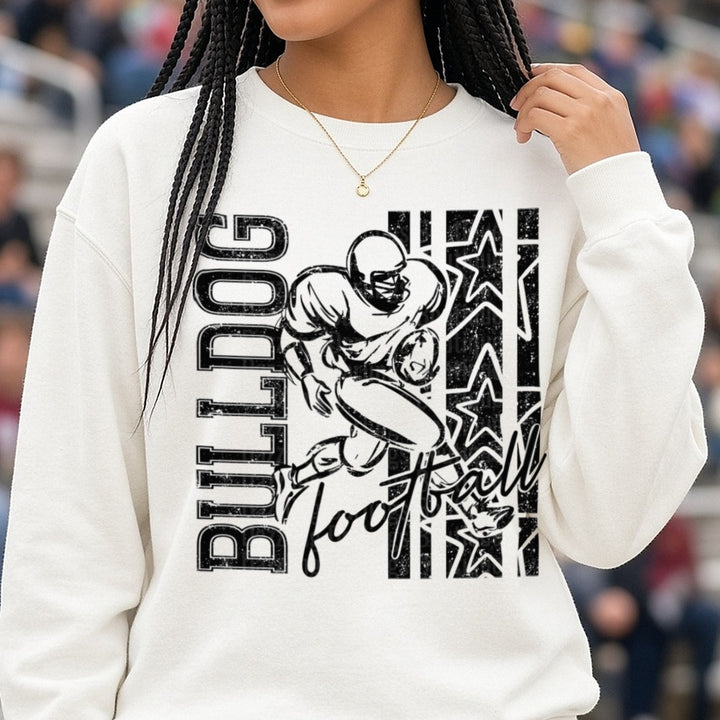 Bulldog Football Player Grunge Stars Vertical Stripe Design DTF transfer shown on a Comfort Colors sweatshirt