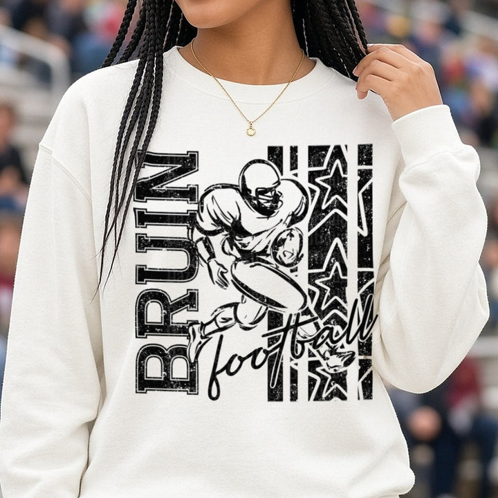 Bruins Football Running Back Grunge Stars Graphic DTF transfer shown on a Comfort Colors sweatshirt