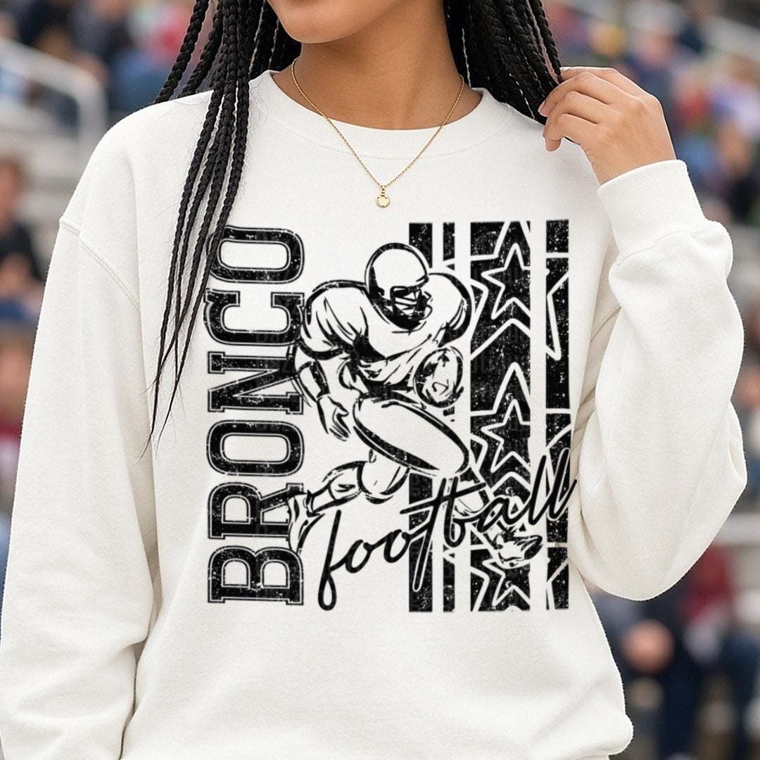Bronco Football Player Grunge Stars Running Back Design DTF transfer shown on a Comfort Colors sweatshirt