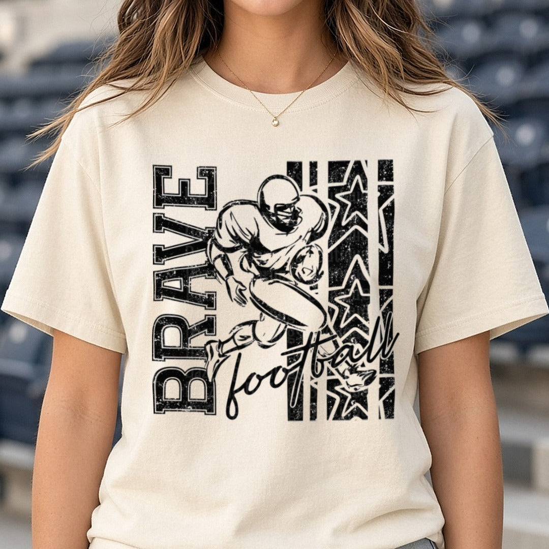 Brave Football Player Running Back Grunge Stars Design DTF transfer shown on a Comfort Colors tee