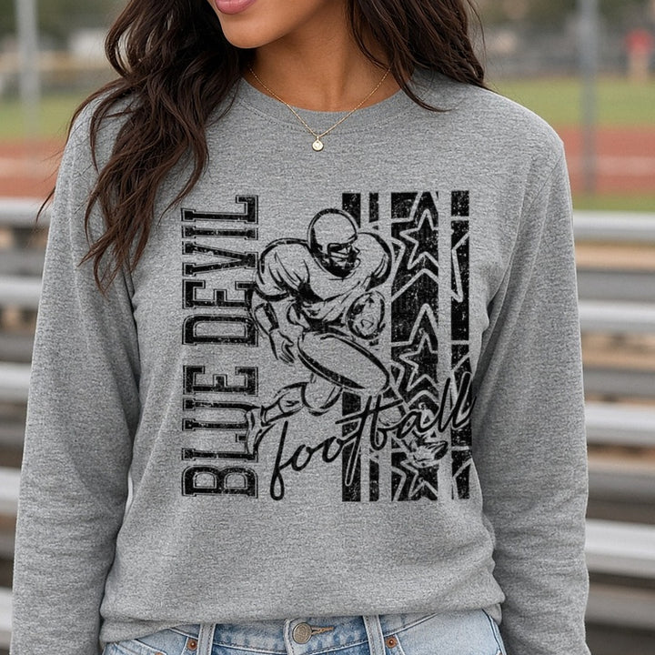Blue Devil Football Player Running Back Stars Grunge DTF transfer shown on a Comfort Colors long sleeve tee