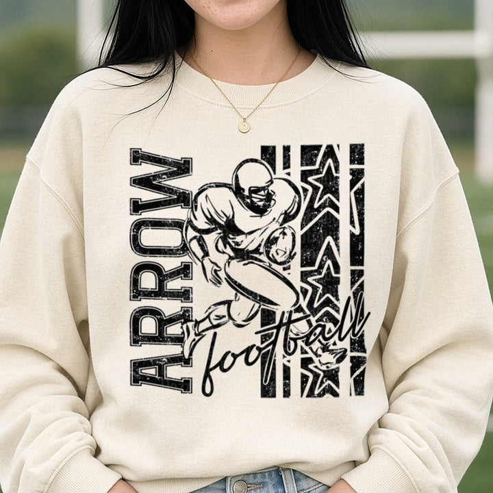Arrow Football Player Running Back Grunge Stars Graphic DTF transfer shown on a Comfort Colors sweatshirt