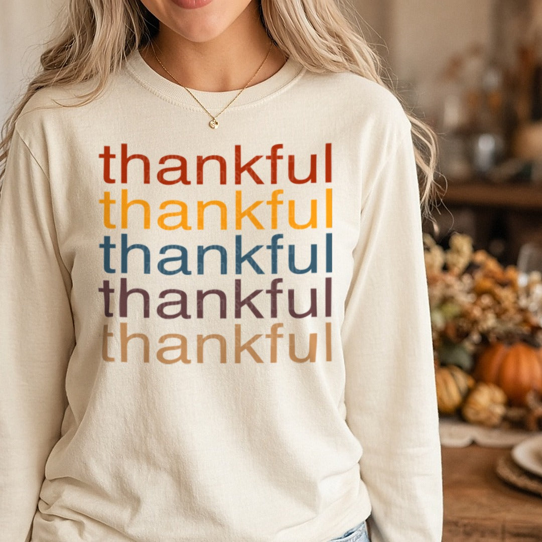 Thankful Stacked Fall Colors Thanksgiving DTF transfer shown on a Comfort Colors long sleeve tee