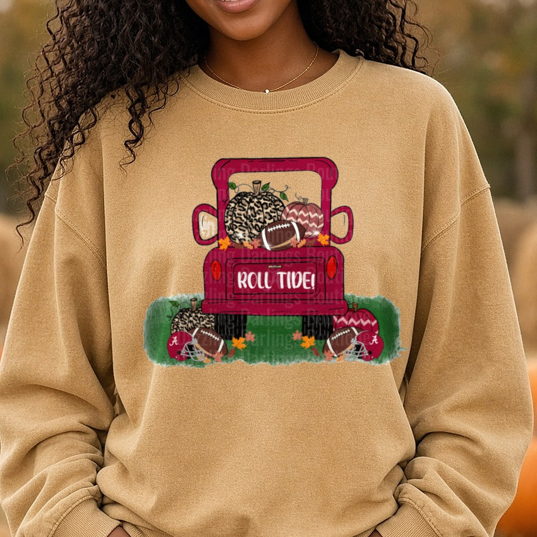 Roll Tide Crimson Truck Pumpkins Football Fall DTF transfer shown on a Comfort Colors sweatshirt