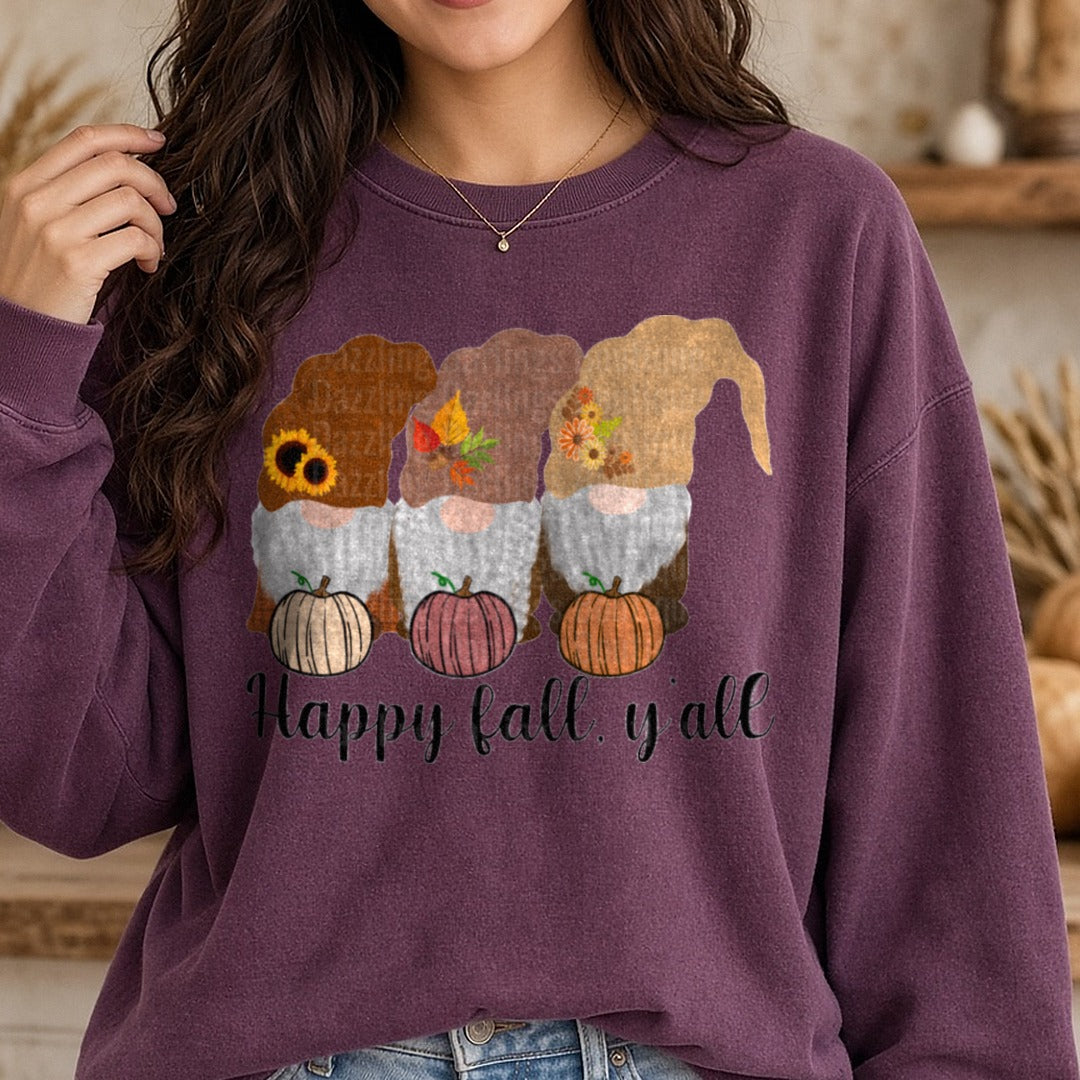 Happy Fall Y'all Gnomes Pumpkins Sunflowers DTF transfer shown on a Comfort Colors sweatshirt