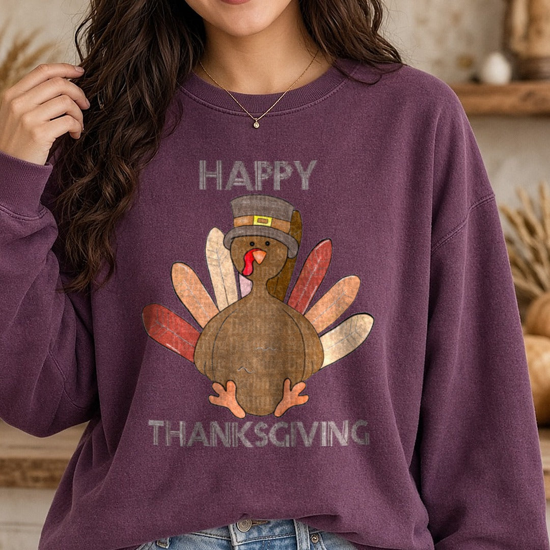 Happy Thanksgiving Turkey Pilgrim Hat Block Letters DTF transfer shown on a Comfort Colors sweatshirt