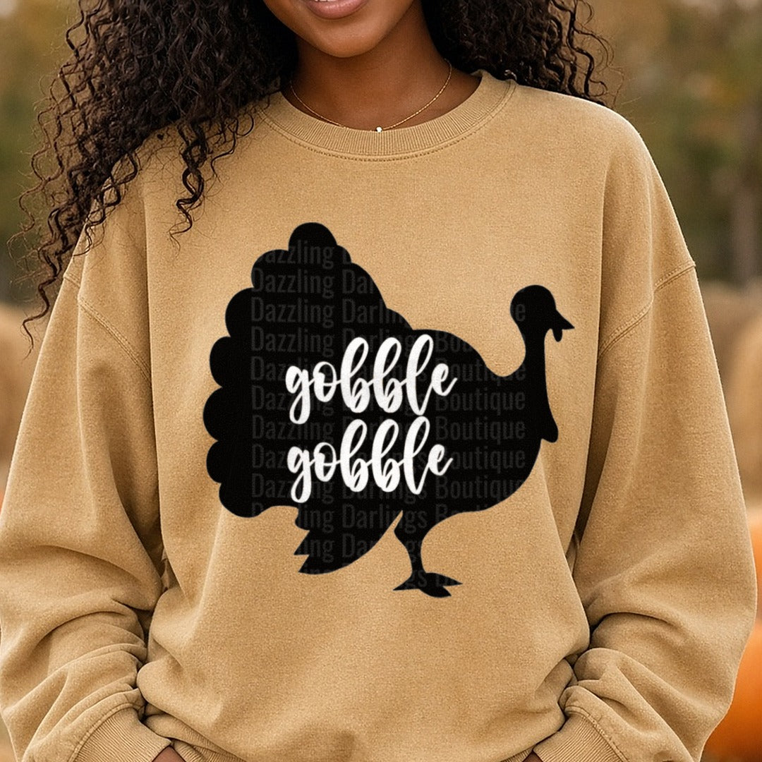 Gobble Gobble Turkey Silhouette Thanksgiving DTF transfer shown on a Comfort Colors sweatshirt