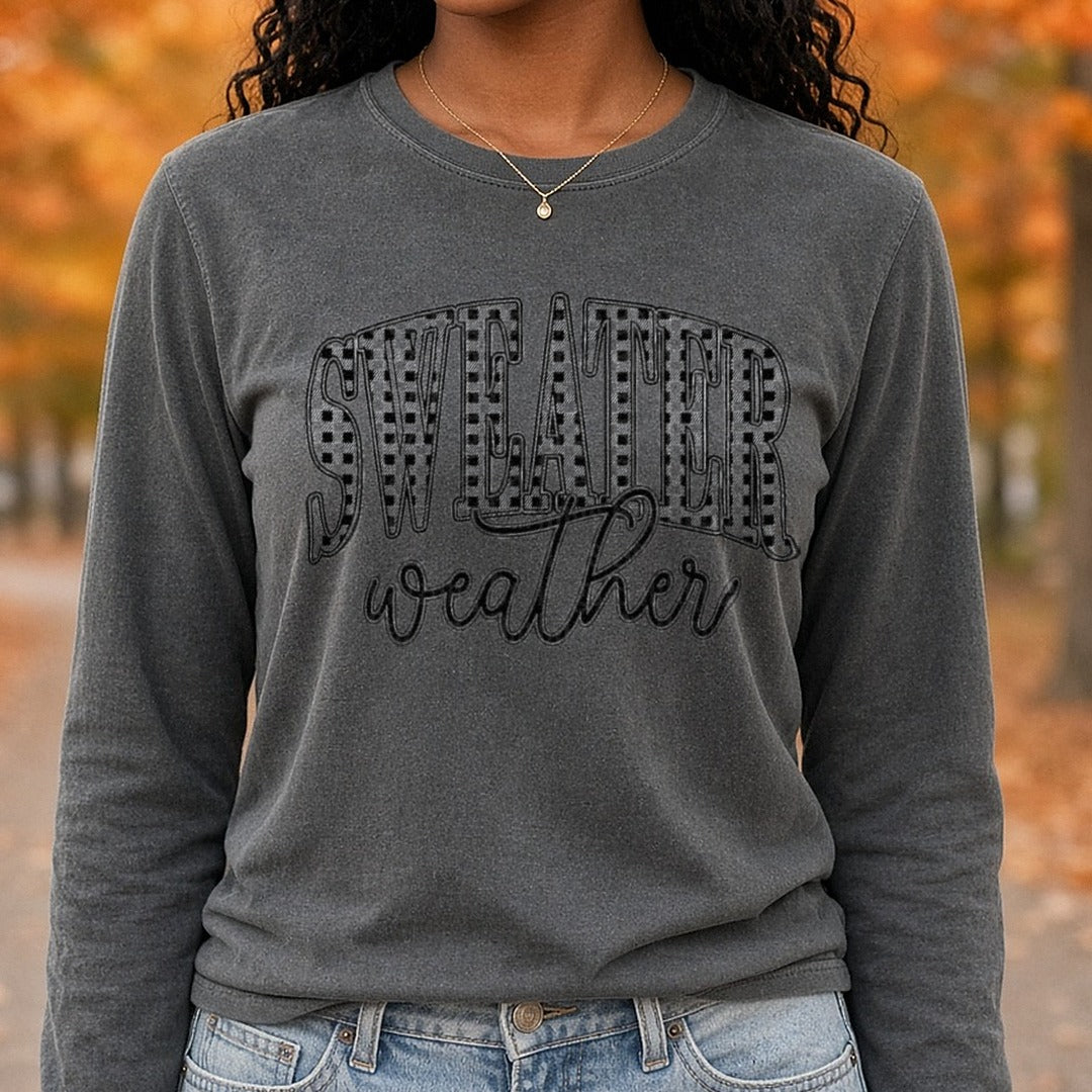sweater-weather-plaid-oneclr-bl DTF transfer shown on a Comfort Colors long sleeve tee
