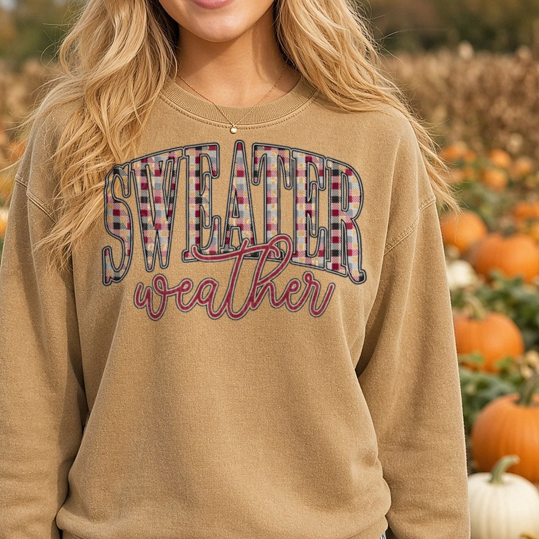 sweater-weather-plaid-classy2 DTF transfer shown on a Comfort Colors sweatshirt