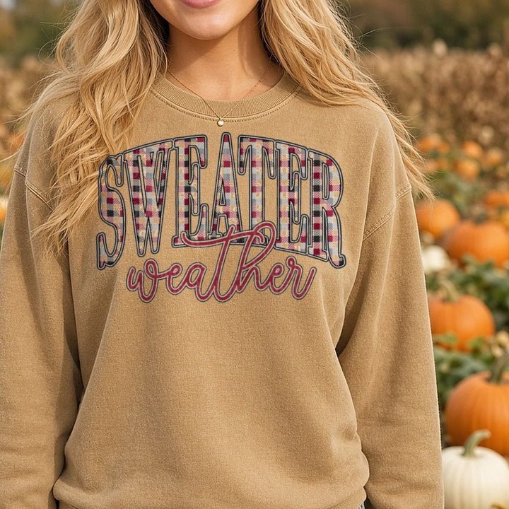 sweater-weather-plaid-classy2 DTF transfer shown on a Comfort Colors sweatshirt