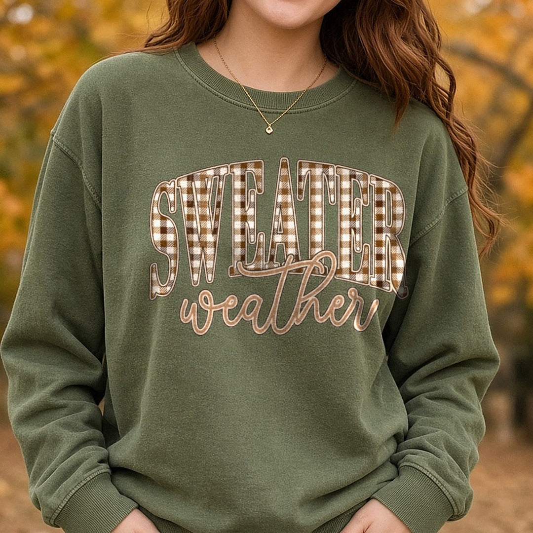 sweater-weather-plaid-browns DTF transfer shown on a Comfort Colors sweatshirt