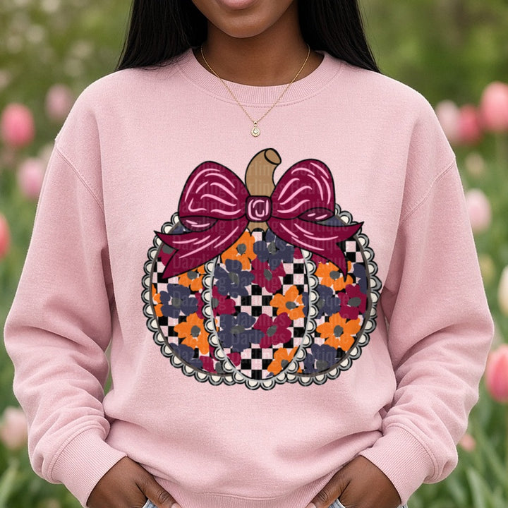 scallop-pumpkin-floral-checker DTF transfer shown on a Comfort Colors sweatshirt
