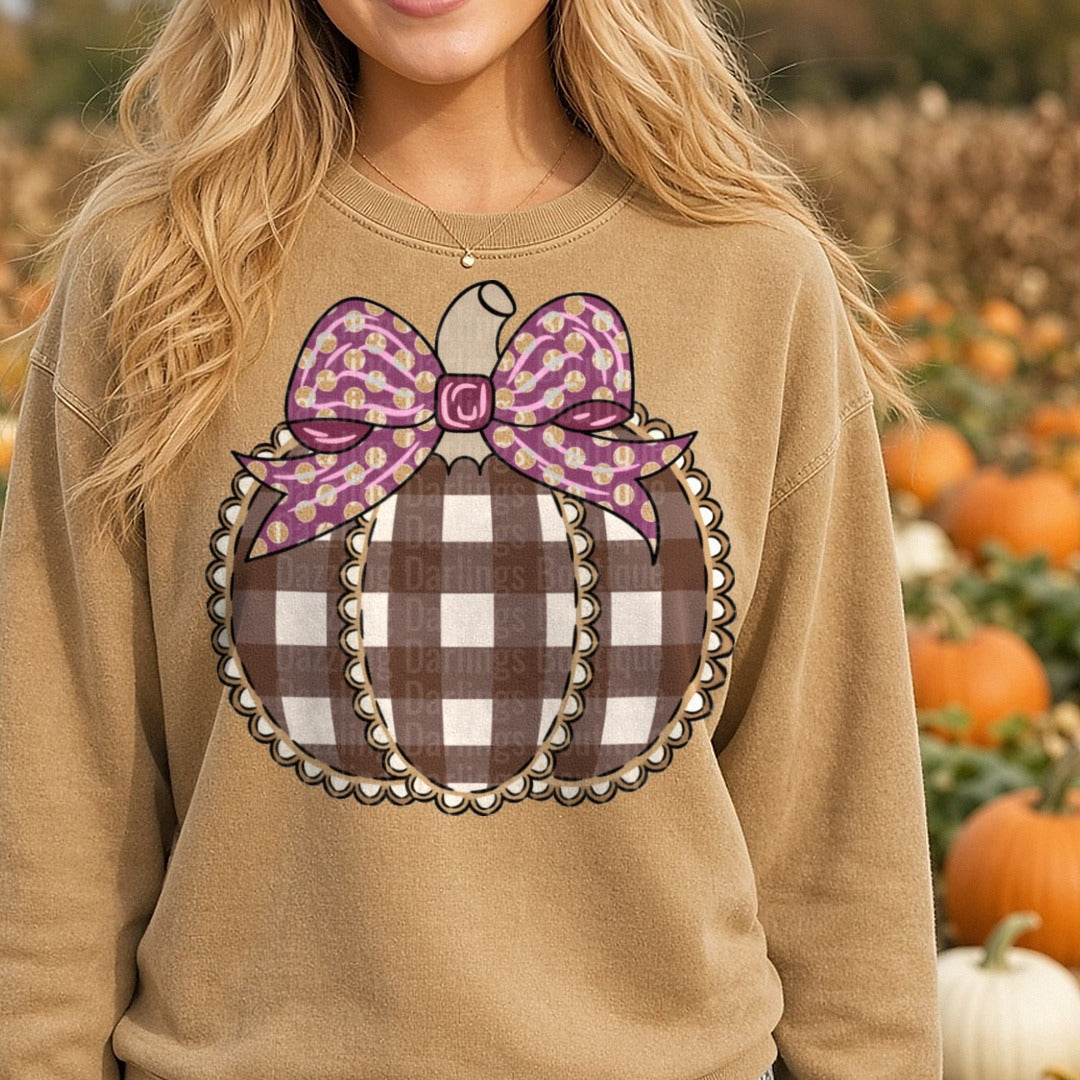 scallop-pumpkin-brown-pur DTF transfer shown on a Comfort Colors sweatshirt