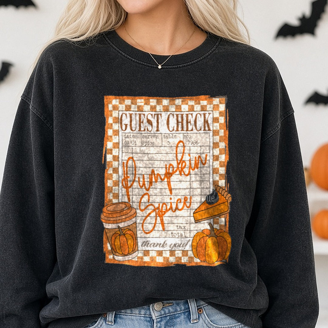 pumpkin-spice-guest-check2 DTF transfer shown on a Comfort Colors sweatshirt