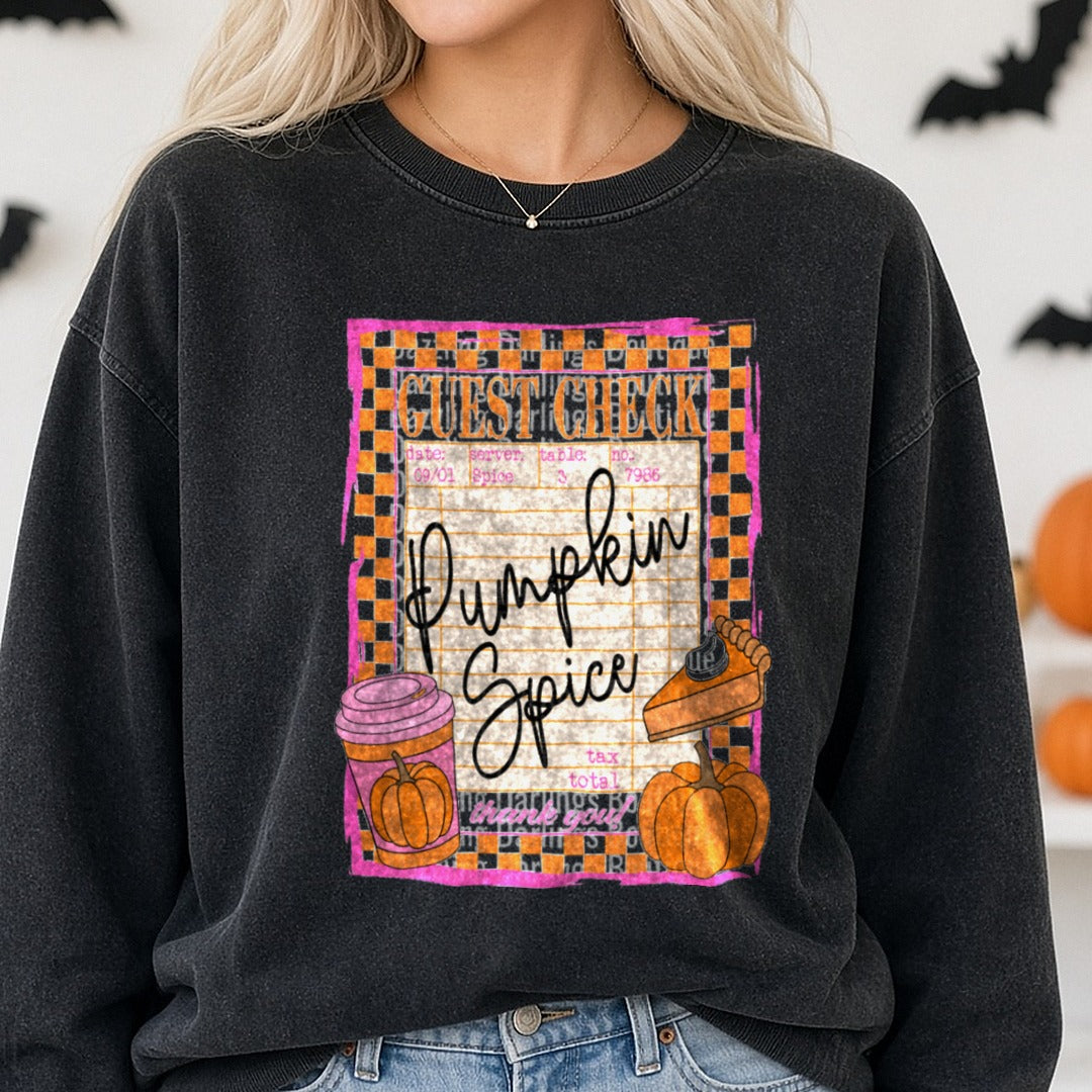 pumpkin-spice-guest-check DTF transfer shown on a Comfort Colors sweatshirt