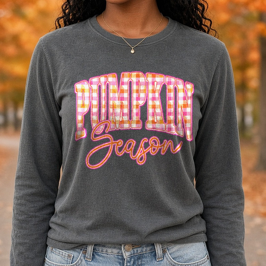 pumpkin-season-plaid-pink-bright DTF transfer shown on a Comfort Colors long sleeve tee