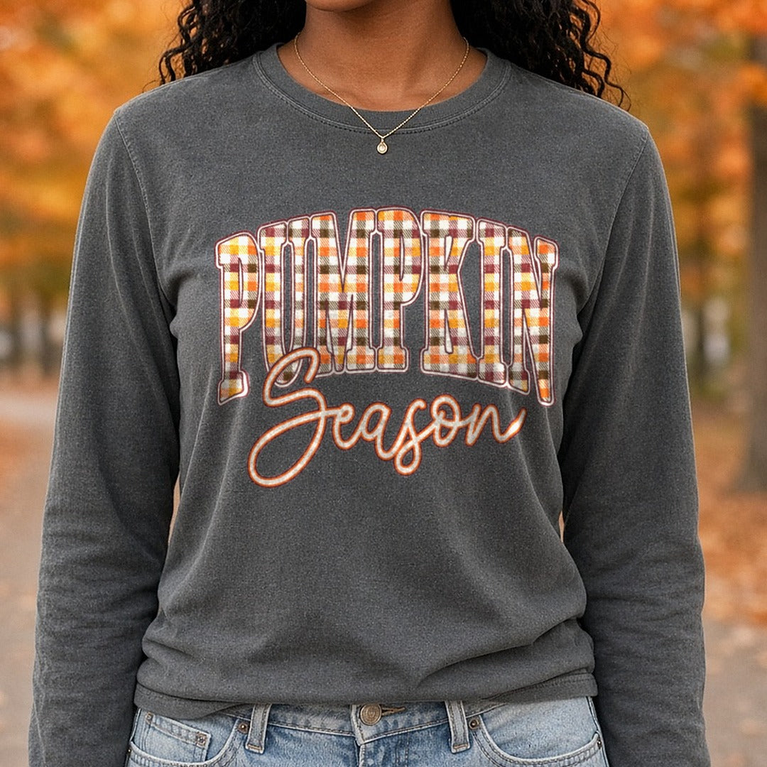 pumpkin-season-plaid2 DTF transfer shown on a Comfort Colors long sleeve tee