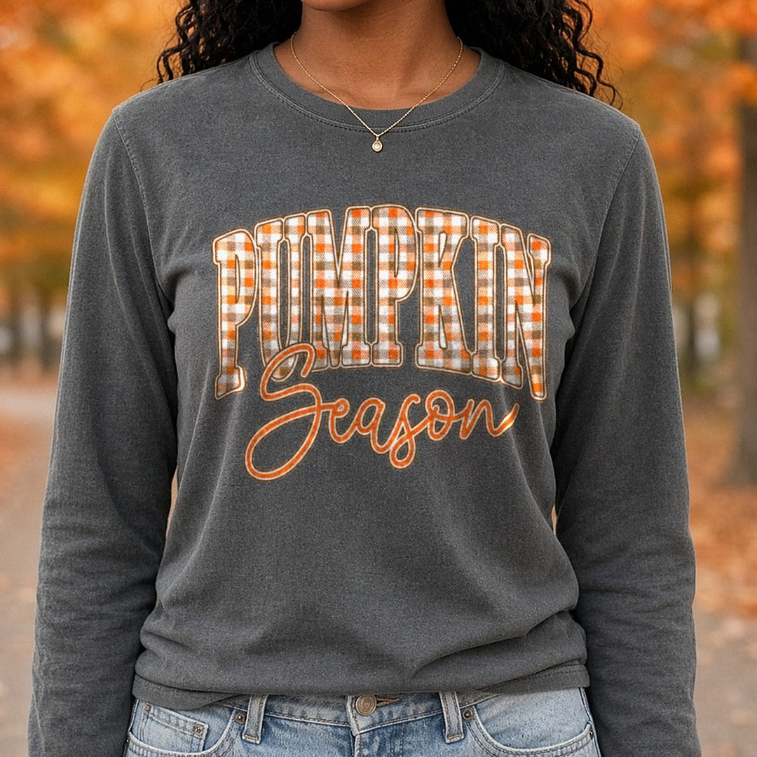 pumpkin-season-plaid DTF transfer shown on a Comfort Colors long sleeve tee