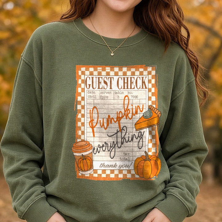 pumpkin-everything-guest-check2 DTF transfer shown on a Comfort Colors sweatshirt