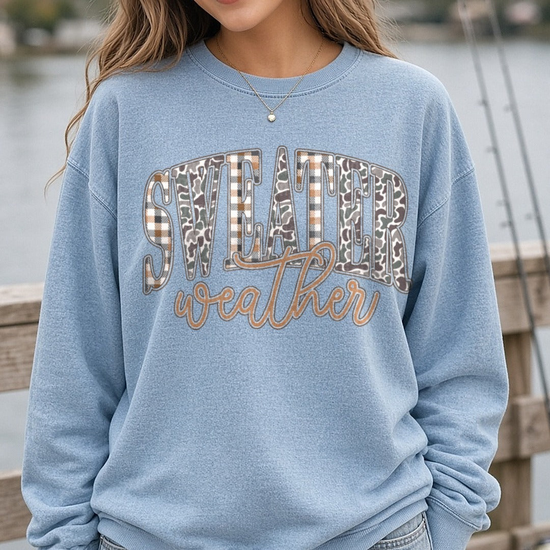 sweater-weather-plaid-camo DTF transfer shown on a Comfort Colors sweatshirt