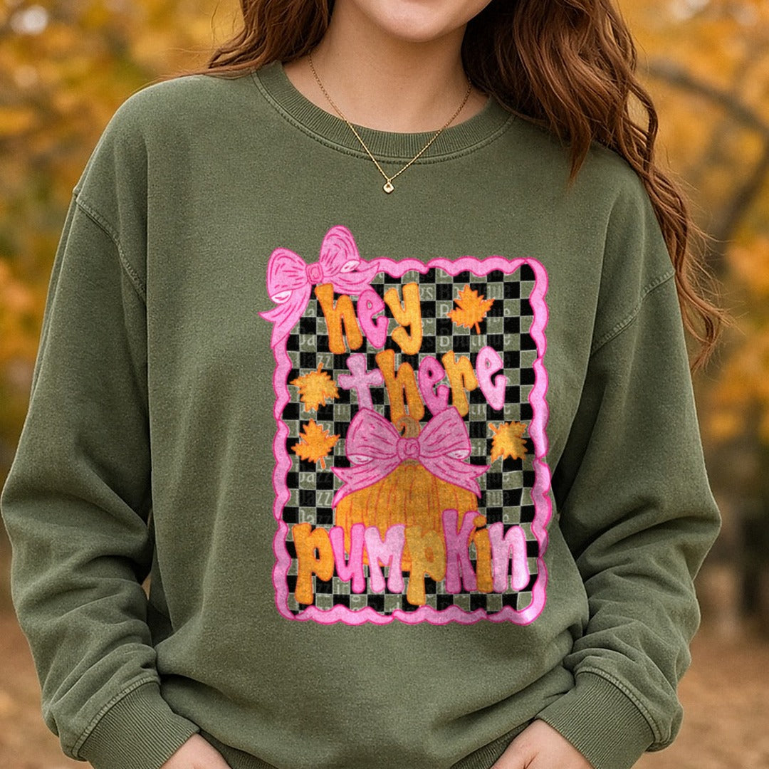 hey-there-pumpkin-doodle-bow DTF transfer shown on a Comfort Colors sweatshirt