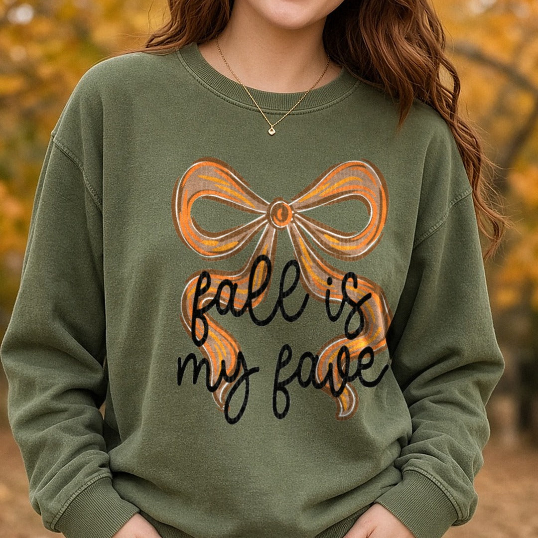 fall-is-my-fave-doodle-bow DTF transfer shown on a Comfort Colors sweatshirt