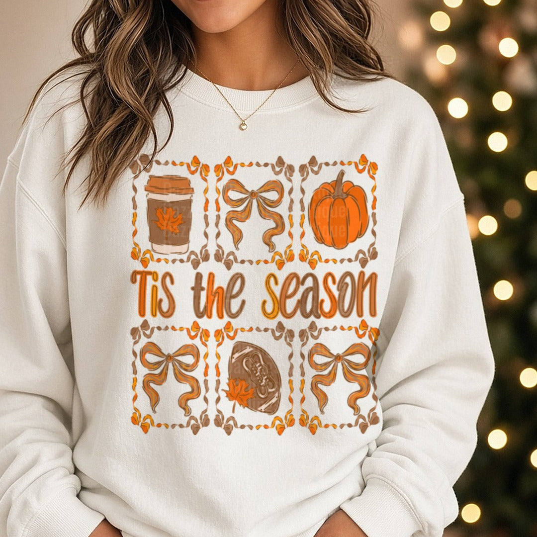 tis-the-season-fall-bow-doodle2-brighter DTF transfer shown on a Comfort Colors sweatshirt
