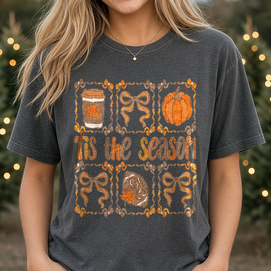 tis-the-season-fall-bow-doodle2 DTF transfer shown on a Comfort Colors tee