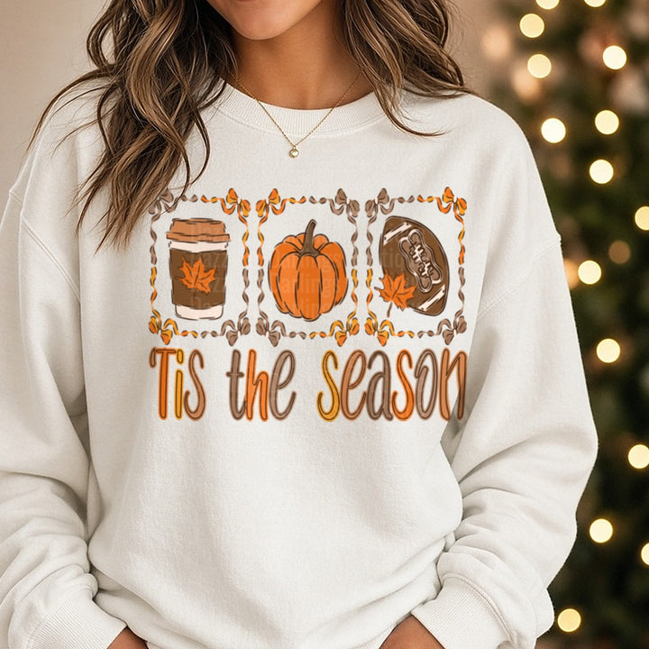 tis-the-season-fall-bow-doodle DTF transfer shown on a Comfort Colors sweatshirt