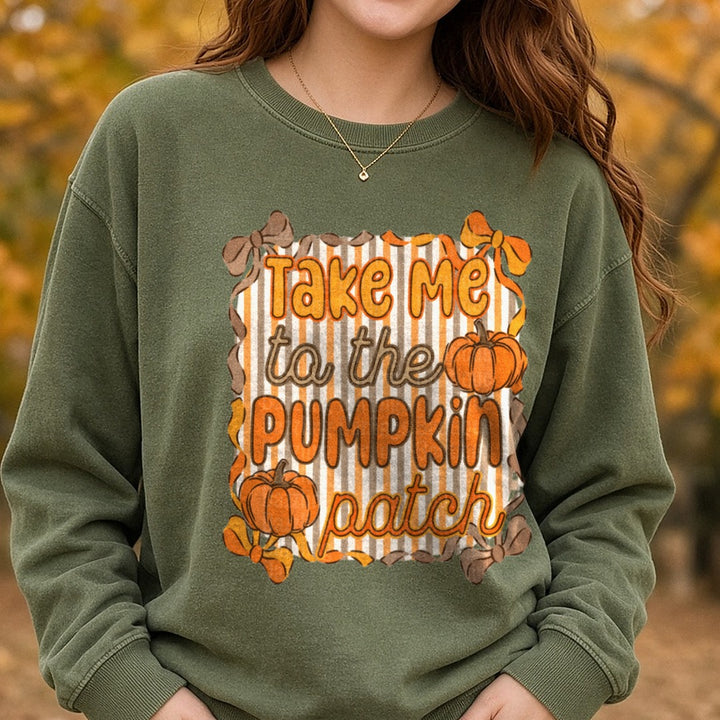 take-me-to-pumpkin-patch-doodle DTF transfer shown on a Comfort Colors sweatshirt