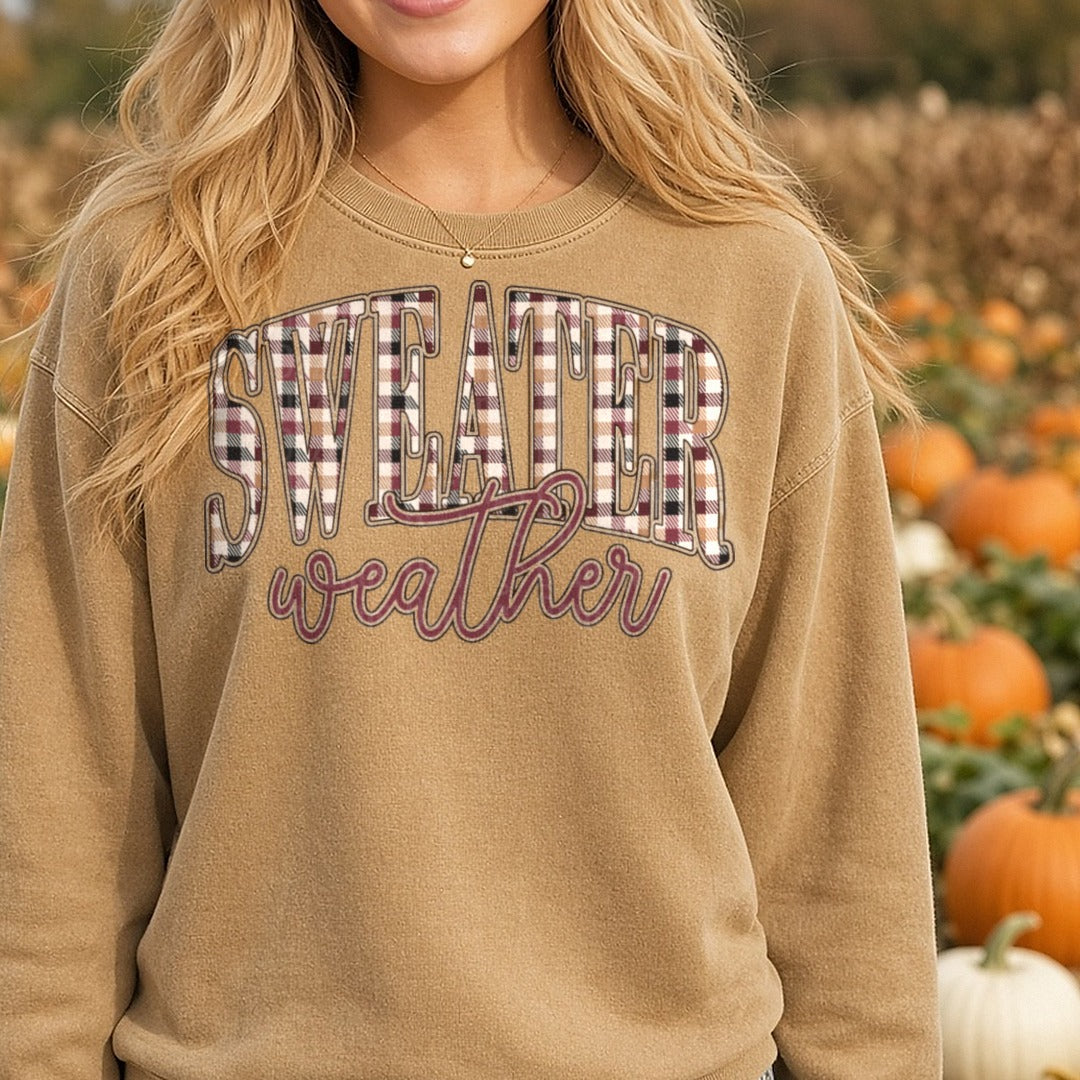 sweater-weather-plaid-classy DTF transfer shown on a Comfort Colors sweatshirt