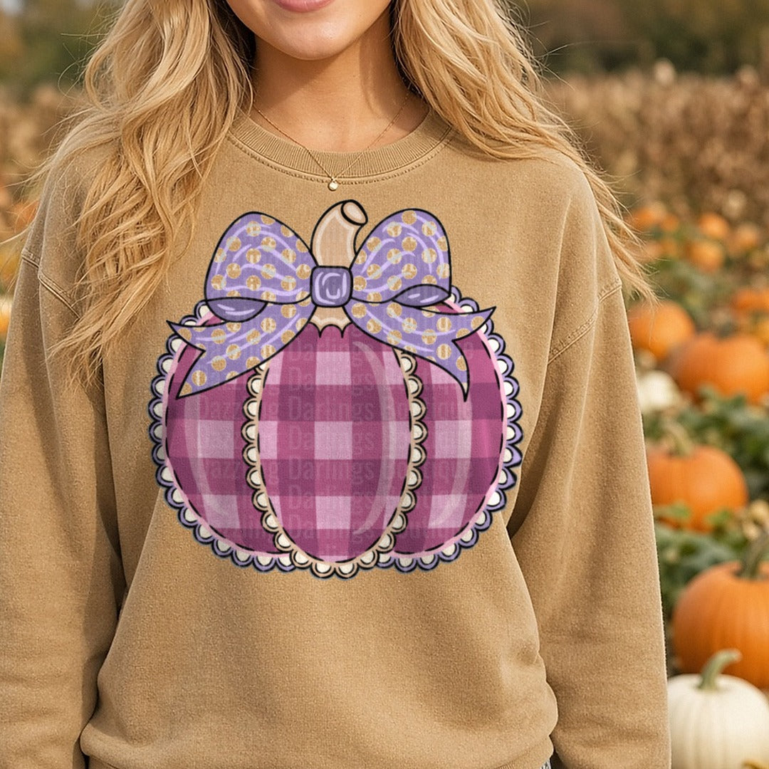 scallop-pumpkin-fall DTF transfer shown on a Comfort Colors sweatshirt