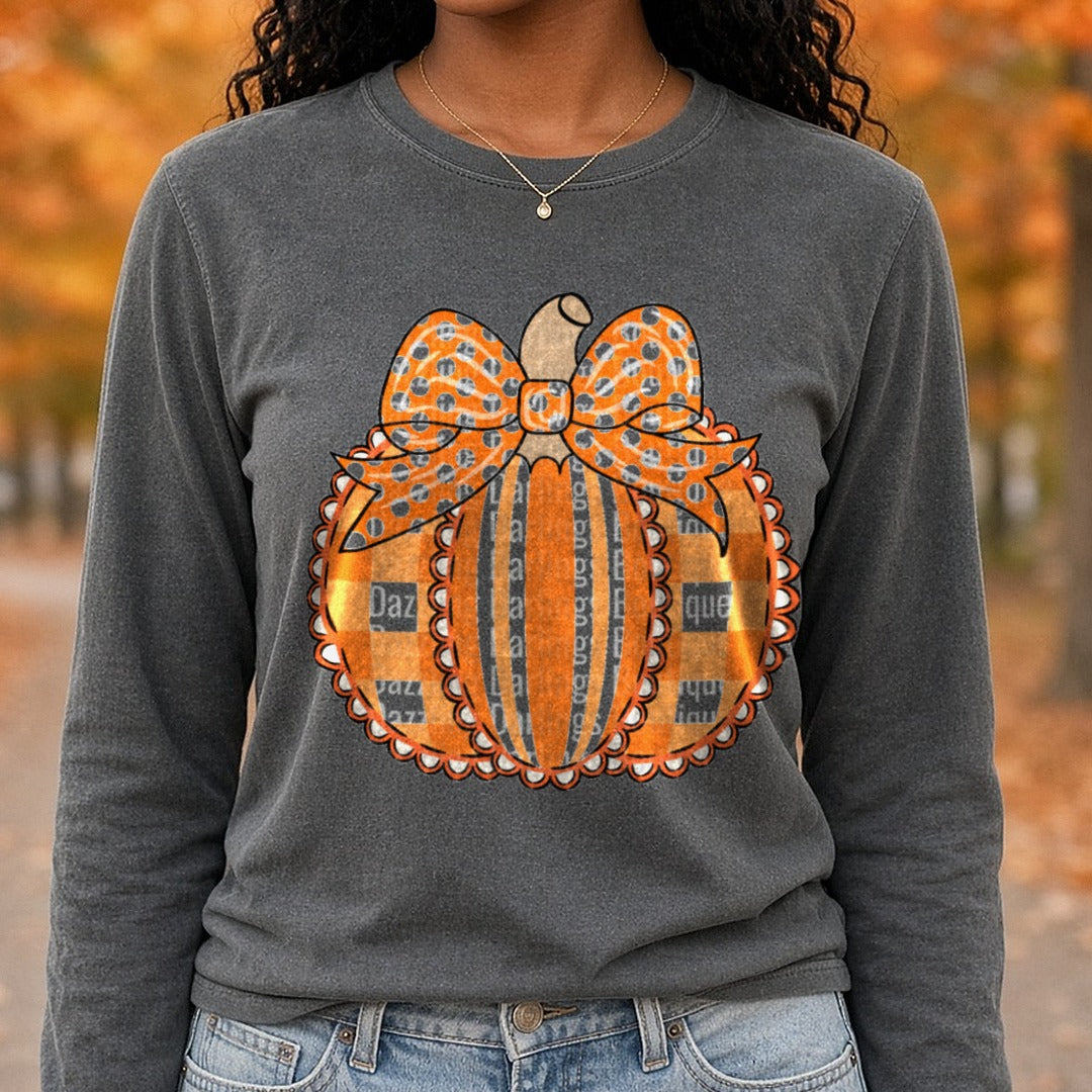 scallop-pumpkin-bow-multi2 DTF transfer shown on a Comfort Colors long sleeve tee
