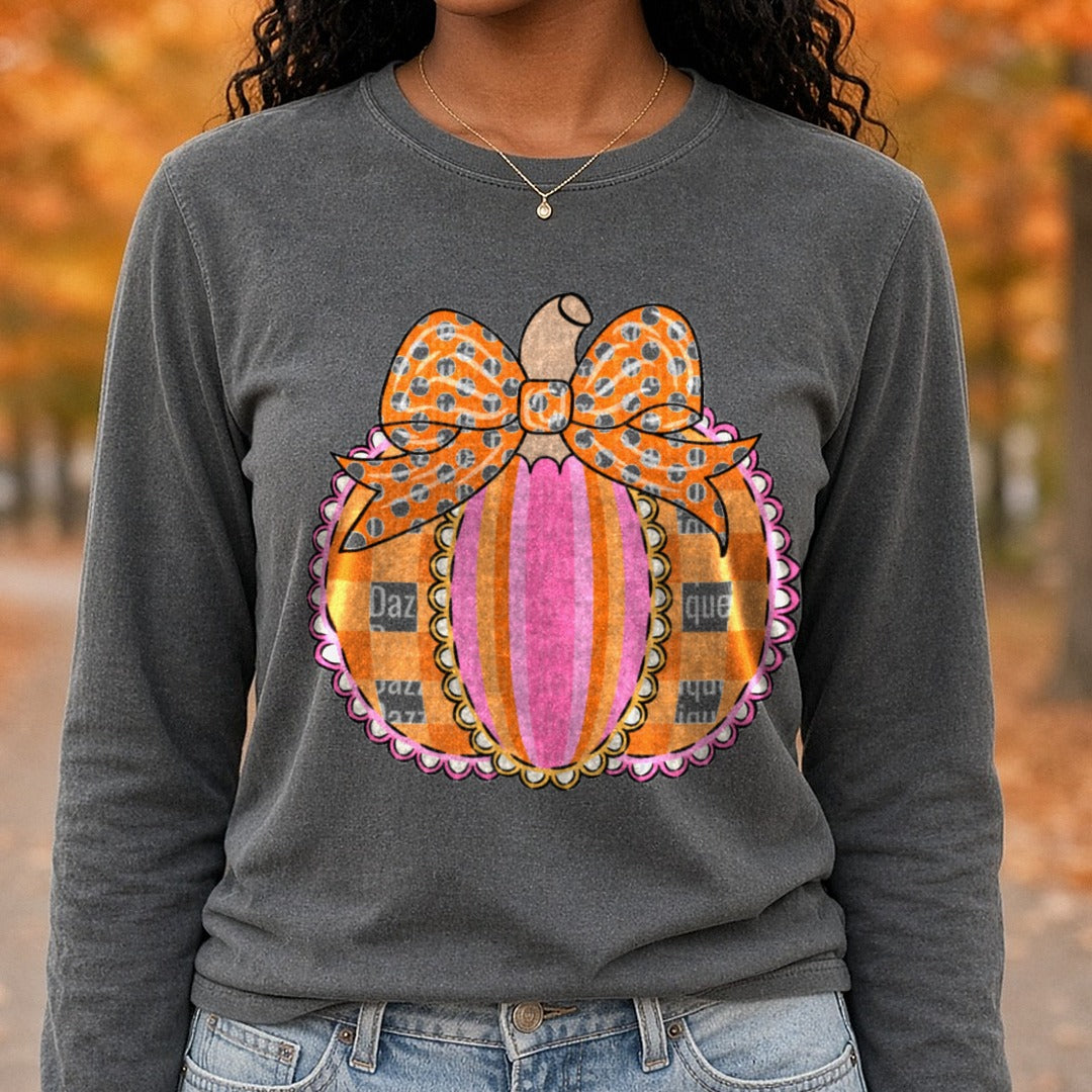 scallop-pumpkin-bow-multi DTF transfer shown on a Comfort Colors long sleeve tee