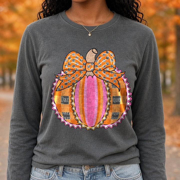 scallop-pumpkin-bow-multi DTF transfer shown on a Comfort Colors long sleeve tee