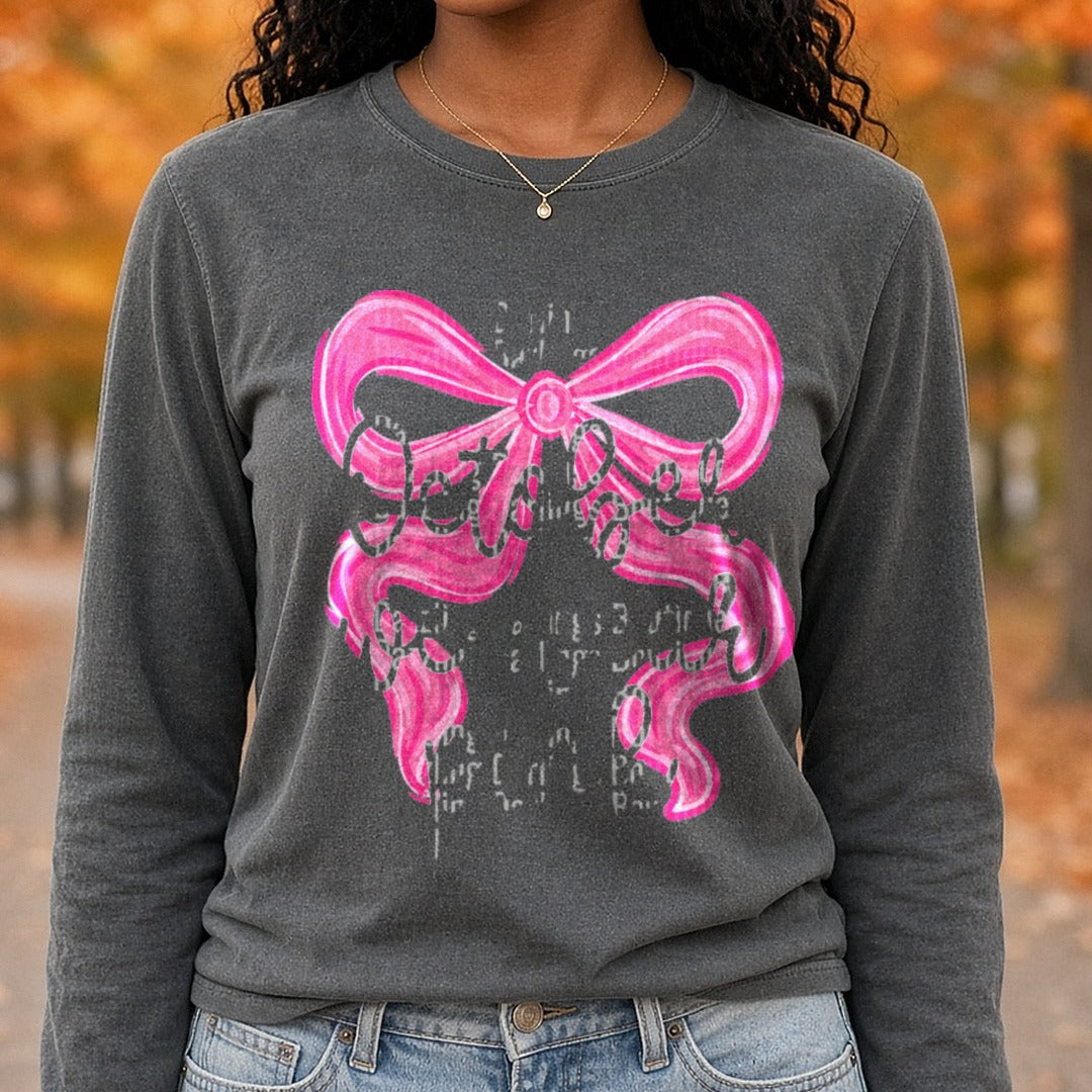october-we-wear-pink-bow2 DTF transfer shown on a Comfort Colors long sleeve tee