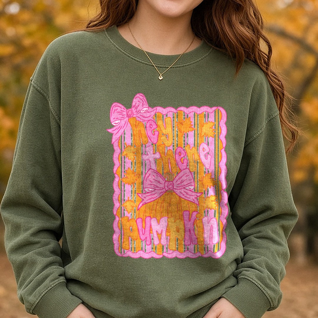 hey-there-pumpkin-doodle-bow-stripes DTF transfer shown on a Comfort Colors sweatshirt