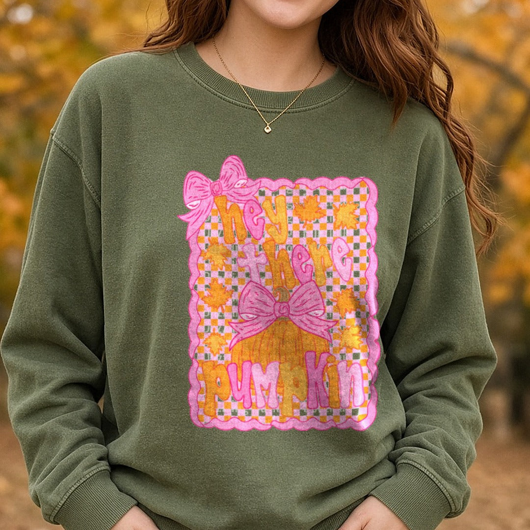 hey-there-pumpkin-doodle-bow-gingham DTF transfer shown on a Comfort Colors sweatshirt